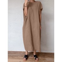 Solid Pocket Cotton Round Neck Casual Maxi Dress