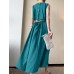 Solid Button Pocket Drawstring Show Waist Sleeveless Maxi Dress