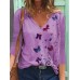 Women Butterfly Print V  neck Regular Fit Long Sleeve Casual T  Shirt