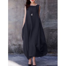 Solid Pocket Cotton Round Neck Sleeveless Casual Maxi Dress