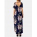 V  Neck Short Sleeve Pocket Flower Split Maxi Dress