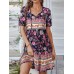 Floral Print Tassel V  neck Knotted Short Sleeve Bohemian Dress