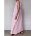 Solid Pocket Cotton Ruched Round Neck Sleeveless Maxi Dress