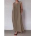 Solid Pocket Cotton Ruched Round Neck Sleeveless Maxi Dress