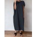 Solid Pocket Cotton Round Neck Casual Maxi Dress