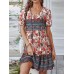 Floral Print Tassel V  neck Knotted Short Sleeve Bohemian Dress