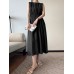 Solid Button Pocket Drawstring Show Waist Sleeveless Maxi Dress