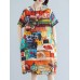 Abstract Painted Pocket Round Neck Short Sleeve Loose Midi Dress