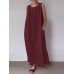 Solid Pocket Cotton Ruched Round Neck Sleeveless Maxi Dress