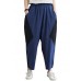 Elegant Navy Patchwork Elastic Waist Radish trousers Pants Summer Cotton Linen