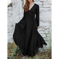 V  Neck Long Sleeve Sash Solid Brief Maxi Dress