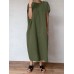 Solid Pocket Cotton Round Neck Casual Maxi Dress