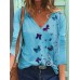 Women Butterfly Print V  neck Regular Fit Long Sleeve Casual T  Shirt