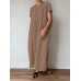 Solid Pocket Cotton Round Neck Casual Maxi Dress