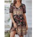 Floral Print Tassel V  neck Knotted Short Sleeve Bohemian Dress