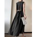 Solid Button Pocket Drawstring Show Waist Sleeveless Maxi Dress