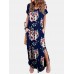 V  Neck Short Sleeve Pocket Flower Split Maxi Dress