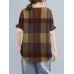 Plaid Ruffled Short Sleeve Round Neck Casual Blouse