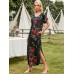 V  Neck Short Sleeve Pocket Flower Split Maxi Dress