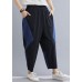 Elegant Navy Patchwork Elastic Waist Radish trousers Pants Summer Cotton Linen