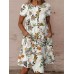 Leaves Print Pocket Button Round Neck Short Sleeve Dress