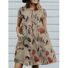 Flower Print Button Pocket Short Sleeve Round Neck Dress