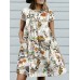 Leaves Print Pocket Button Round Neck Short Sleeve Dress