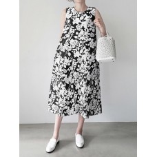 Flower Print Pocket Round Neck Sleeveless Casual Midi Dress